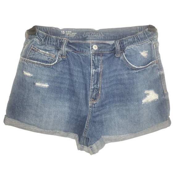Arizona Jean Co. Hi-Rise Curvy Short Womens 15 Blue Distressed Denim Shorts - Picture 1 of 8